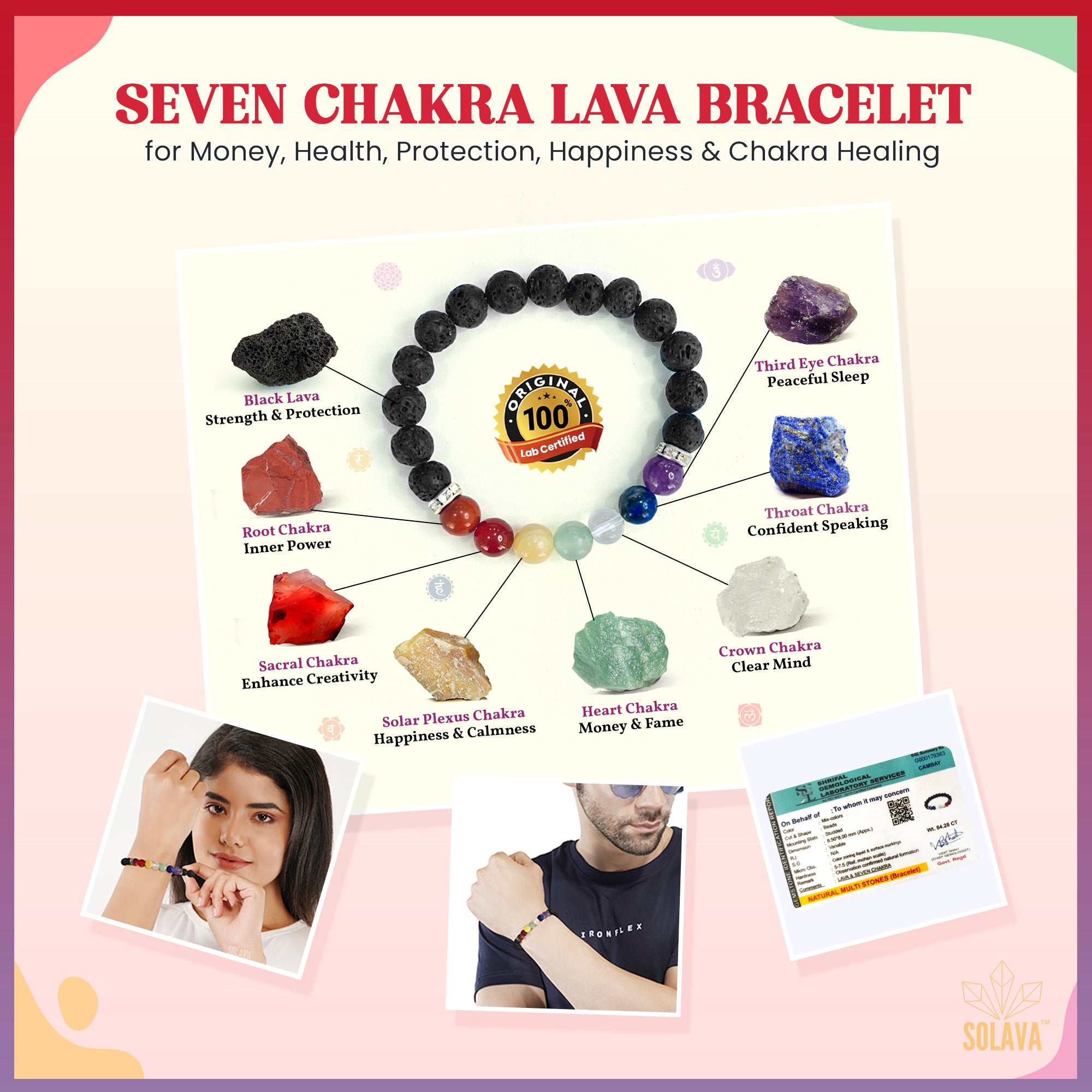 Original Seven Chakra Bracelet with Black Lava