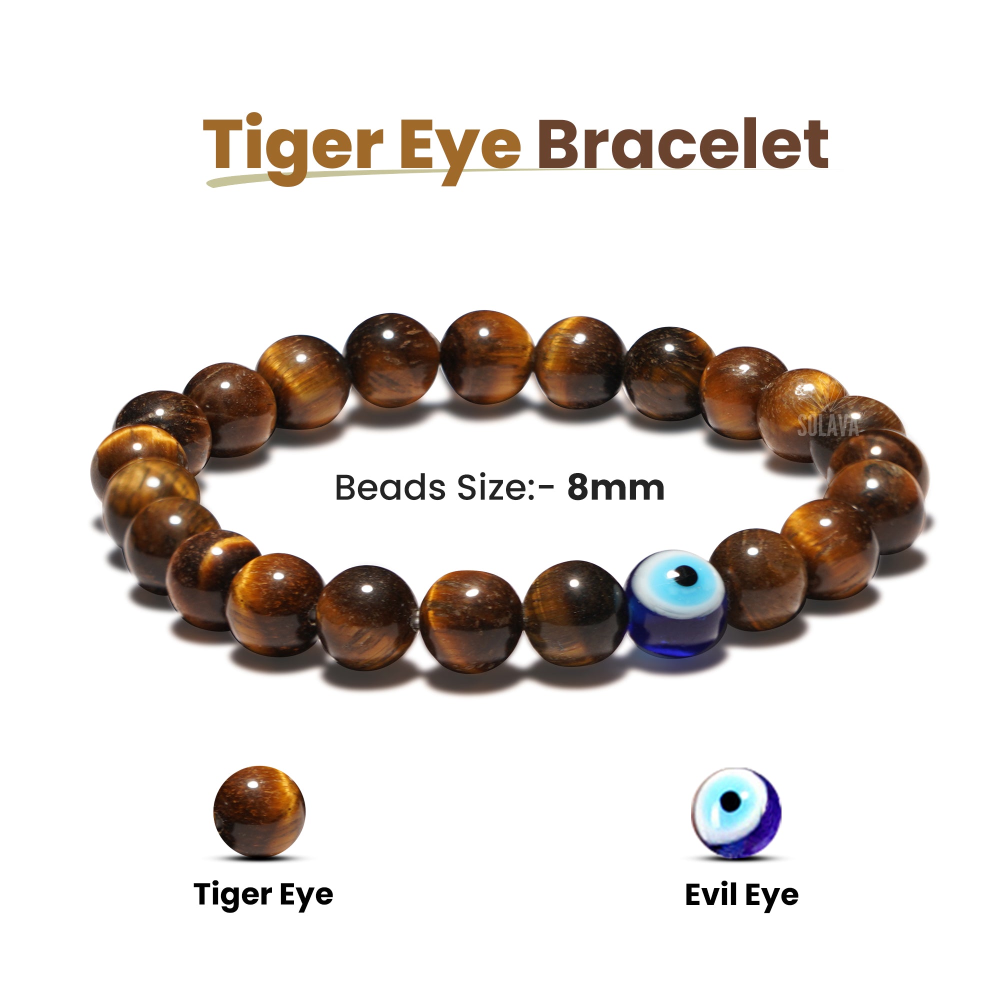 Initial Beaded Bracelets for Men Boys, 8mm Natural Stone Tiger Eye
